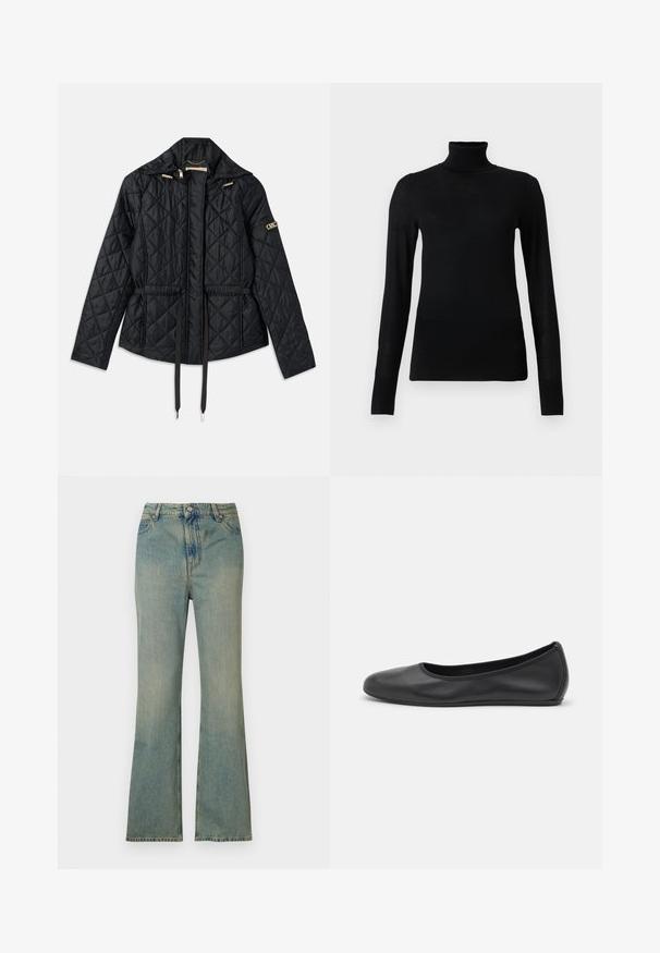 Chaqueta negra acolchada con capucha, que cuenta con una cintura ajustada, dos bolsillos frontales, detalles en dorado y cordones para ajuste.; Jersey de cuello alto negro hecho de un material suave y ligero. Presenta mangas largas y un diseño ajustado con un cuello alto.; Vaqueros de campana de denim azul claro con cintura alta, cinco bolsillos y cremallera. Acabado limpio y deslavado con detalles de costura sutiles.; Bailarina de piel negra con punta redondeada, textura suave, detalle de costura minimalista y diseño de suela flexible.