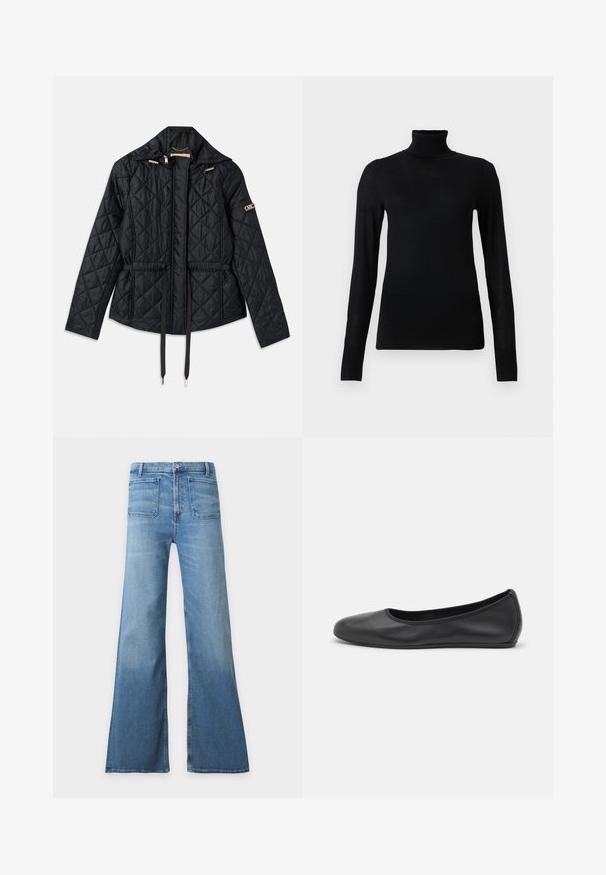 Veste noire matelassée avec capuche, dotée d'une taille cintrée, de deux poches avant, d'accents en matériel doré et de cordons de serrage pour l'ajustement.; Pull à col roulé noir en matériau doux et léger. Il a des manches longues et une coupe ajustée avec un col haut.; Jean en denim bleu clair taille haute avec jambes larges évasées, poches plaquées à l’avant, fermeture par boutons et passants de ceinture.; Ballerines en cuir noir avec un bout rond, texture lisse, détails de couture minimalistes et design de semelle flexible.