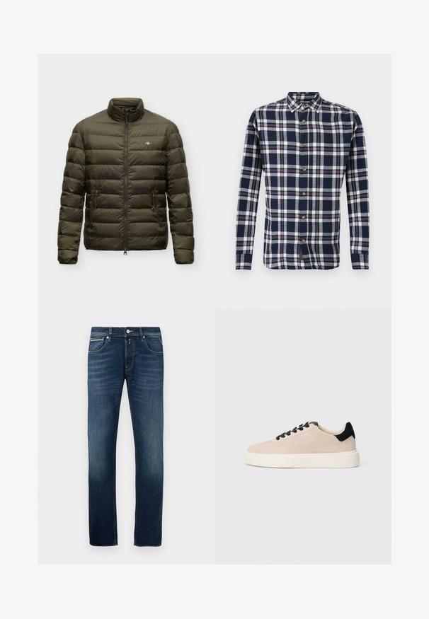 Doudoune matelassée vert olive avec col montant, fermeture éclair devant, deux poches latérales zippées et petit logo poitrine sur fond uni.; Chemise à manches longues pour homme à carreaux bleu marine, blanc et rouge. Tissu en coton, col classique et boutons en bois.; Jean droit bleu marine avec un léger délavage sur les cuisses, cinq poches et une fermeture à bouton en métal à la taille.; Baskets en suède beige avec des accents noirs, bout rond, lacets noirs et une semelle en caoutchouc blanc contrastant. Design minimaliste, texture lisse.