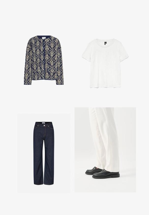 Chaqueta con estampado en azul marino y crema, con cuello redondo, cierre de botones y dos bolsillos frontales; tela texturizada con diseños florales en toda la prenda.; Camiseta blanca de manga corta con un cuello redondo, hecha de tejido ligero. Diseño simple, textura suave y dobladillo recto.; Jeans de pierna ancha color azul oscuro hechos de denim, con grandes bolsillos, costura naranja en contraste y un cierre de botón en la cintura.; Persona con pantalones blancos a medida y mocasines de cuero negros de pie sobre un fondo blanco.
