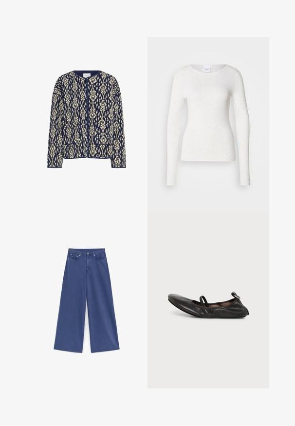 Marineblå og cremefarvet mønstret jakke med rund halsudskæring, knaplukning og to frontlommer; tekstureret stof med blomsterdesigns overalt.; Hvid langærmet t-shirt i et blødt, letvægtsstof med rund halsudskæring og slank pasform, der har en diskret struktur.; Høj talje, vidde ben jeans i solidt blåt denim med forlommer, bæltestropper og knaplukning.; Sort læder flad sko med rundet tå, elastisk strop over vristen og en lille metallisk spænde detalje ved hælen.