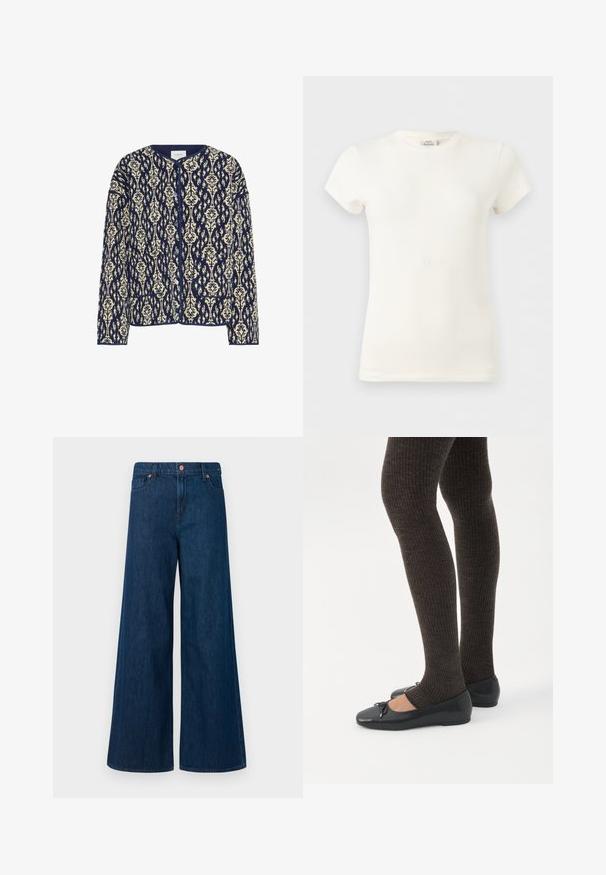Chaqueta con estampado en azul marino y crema, con cuello redondo, cierre de botones y dos bolsillos frontales; tela texturizada con diseños florales en toda la prenda.; Camiseta de algodón blanca lisa de manga corta y cuello redondo, mostrada sobre un fondo gris claro.; Jeans de mezclilla de pierna ancha azul con cierre frontal de botón, trabillas para el cinturón y diseño de cinco bolsillos sobre un fondo blanco.; Piernas con leggings oscuros acanalados combinados con bailarinas negras que presentan pequeños detalles de lazo sobre un fondo blanco.