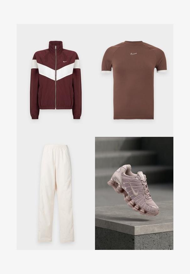 Bordový vetrovka s bielymi chevron pruhmi, vysokým golierom, predným zipsom, elastickými manžetami a spodným okrajom; logo Nike na ľavej hrudi.; Hnedá košeľa s krátkym rukávom z hladkej tkaniny, s vysokým golierom a bielymi prvkami na manžetách rukávov, s malým logom na hrudi.; Voľné nohavice krémovej farby s elastickým pásom a rovnými nohavicami, zobrazené na bielom pozadí.; Topánky Nike Air Max svetloružovej farby, s vrchnou časťou z priedušnej sieťoviny, polstrovaným jazykom a robustnou priehľadnou podrážkou s vlnitým dizajnom.