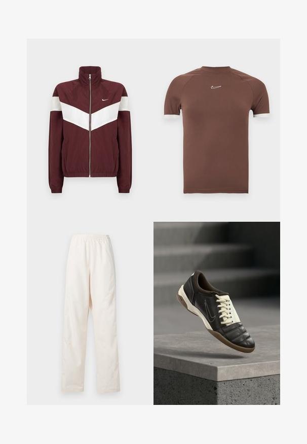 Bordauxfarbene Windbreaker-Jacke mit weißen Chevron-Streifen, hohem Kragen, Frontreißverschluss, elastischen Bündchen und Saum; Nike-Logo auf der linken Brust.; Braunes Kurzarmhemd aus glattem Stoff mit hohem Hals und weißen Akzenten an den Ärmelabschlüssen, mit einem kleinen Logo auf der Brust.; Locker sitzende, crèmefarbene Hose mit elastischem Bund und geradem Beinschnitt, vor einem einfarbigen weißen Hintergrund präsentiert.; Dunkelbrauner Ledersneaker mit cremefarbenen Schnürsenkeln, einem gepolsterten Kragen und einer strukturierten Zehenpartie. Verfügt über eine Gummisohle und ein seitlich angebrachte Swoosh-Logo.