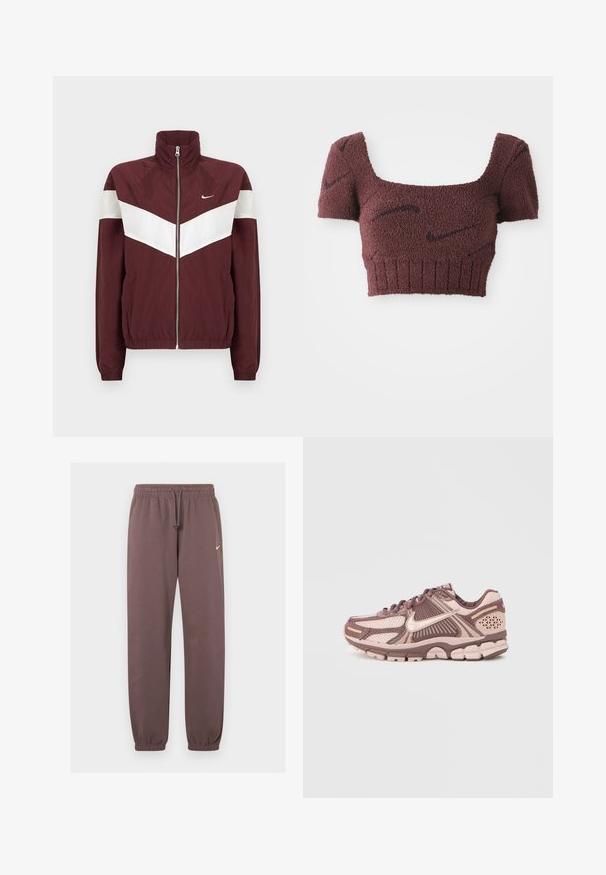 Bordový vetrovka s bielymi chevron pruhmi, vysokým golierom, predným zipsom, elastickými manžetami a spodným okrajom; logo Nike na ľavej hrudi.; Lila skrátený top s textúrovanou tkaninou, štvorcovým výstrihom, krátkymi rukávmi a rebrovaným lemom, ktorý je ozdobený jemnými tmavými vzormi.; Hnedé Nike tepláky s elastickým pásom, šnúrkou na stiahnutie, manžetami na členkoch a malým bielym logom Nike na hornej ľavej nohe.; Ľahké bežecké topánky s vrchnou časťou z sieťoviny v ružových a hnedých tónoch, s textúrovanými prvkami a polstrovanou podrážkou.