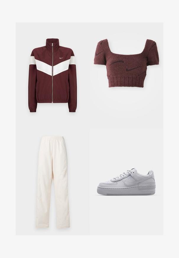Bordeaux windbreakerjack met witte chevronstrepen, hoge kraag, ritssluiting aan de voorkant, elastische manchetten en zoom; Nike-logo op de linkerborst.; Mauve cropped top met een gestructureerde stof, vierkante halslijn, korte mouwen en geribde zoom, met subtiele donkere patronen door het geheel.; Loszittende, crèmekleurige broek met elastische taille en een rechte pijp, weergegeven tegen een effen witte achtergrond.; Grijze Nike Air Force 1 sneaker met geperforeerde neus, glad leren bovenwerk, dikke zool en verhoogde 'AIR' details op de hiel.