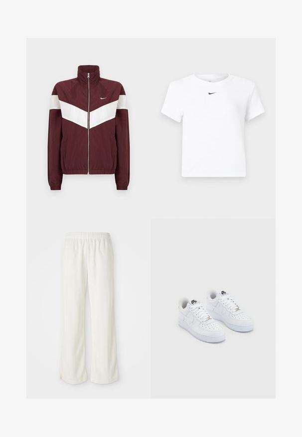 Bordový vetrovka s bielymi chevron pruhmi, vysokým golierom, predným zipsom, elastickými manžetami a spodným okrajom; logo Nike na ľavej hrudi.; Biele krátke tričko značky Nike s krátkym rukávom a zrezaným strihom, s malým čiernym logom Nike swoosh umiestneným pod výstrihom uprostred.; Krémyové nohavice s širokým strihom, vyrobené z ľahkého materiálu, s vertikálnymi pruhmi a elastickým pásom.; Biele tenisky Nike Air Force 1 s hladkým koženým zvrškom, perforovanou špičkou, bielymi šnúrkami a čiernym logom na jazyku.