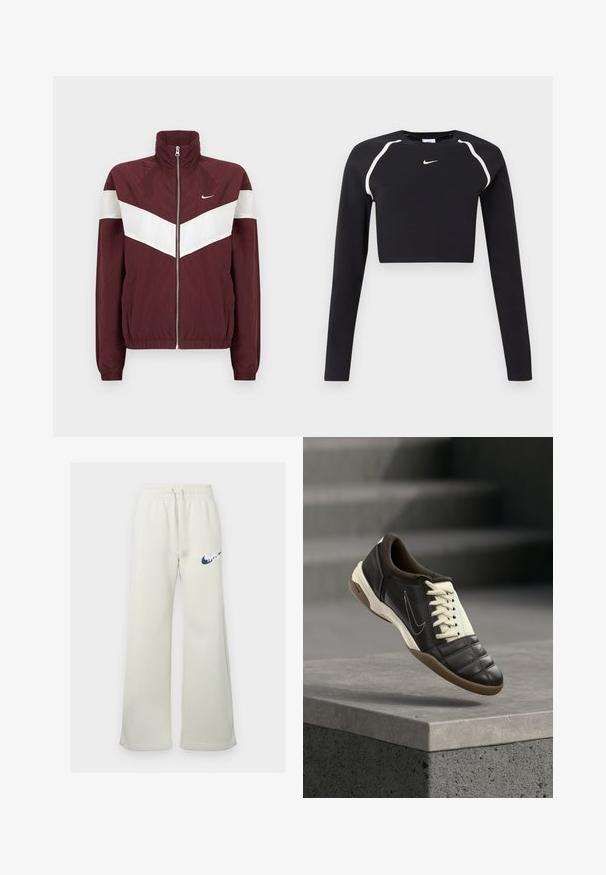 Bordeaux windbreakerjack met witte chevronstrepen, hoge kraag, ritssluiting aan de voorkant, elastische manchetten en zoom; Nike-logo op de linkerborst.; Zwarte lange mouwen cropped sporttop met witte gebogen schouderstrepen en klein wit Nike swoosh-logo in het midden van de borst.; Crème-kleurige sweatpants van een katoenmix, met een relaxte pasvorm, elastische tailleband met trekkoord en een marineblauw Nike-logo aan de voorkant.; Donkerbruine leren sneaker met crèmekleurige veters, een gewatteerde kraag en een getextureerde neus. Voorzien van een rubberen zool en een zijwaarts geplaatst swoosh-logo.