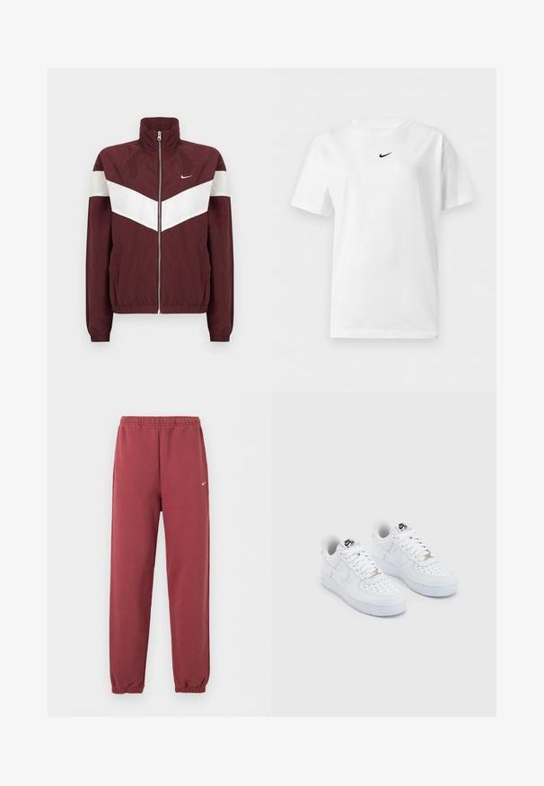 Bordauxfarbene Windbreaker-Jacke mit weißen Chevron-Streifen, hohem Kragen, Frontreißverschluss, elastischen Bündchen und Saum; Nike-Logo auf der linken Brust.; Weißes T-Shirt mit kurzen Ärmeln und Rundhalsausschnitt, mit einem kleinen schwarzen Nike Swoosh-Logo zentriert nahe dem Kragen.; Maroonfarbene elastische Jogginghose mit kleinem weißen Nike-Logo am rechten Oberschenkel.; Weiße Nike Air Force 1 Sneaker mit einem geschmeidigen Obermaterial aus Leder, perforierter Zehenbox, weißen Schnürsenkeln und schwarzem Branding auf der Zunge.