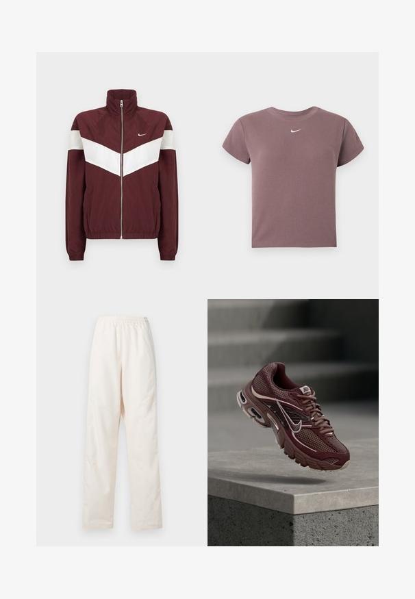 Bordový vetrovka s bielymi chevron pruhmi, vysokým golierom, predným zipsom, elastickými manžetami a spodným okrajom; logo Nike na ľavej hrudi.; Mauve rebrovaný krátky rukáv croptop s okrúhlym výstrihom a malým bielym logom Nike umiestneným pod výstrihom.; Voľné nohavice krémovej farby s elastickým pásom a rovnými nohavicami, zobrazené na bielom pozadí.; Nákupná obuv Nike v marónovej farbe s plátnovou sieťovinou, polstrovaným golierom, hrubou podrážkou a bielymi akcentmi. Dizajn obsahuje zaoblenú špičku a výrazné šnúrky.