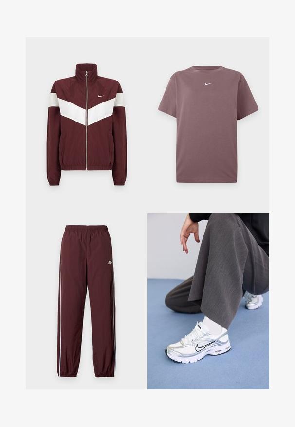 Bordeaux windbreakerjack met witte chevronstrepen, hoge kraag, ritssluiting aan de voorkant, elastische manchetten en zoom; Nike-logo op de linkerborst.; Effen mauve korte mouwen crewneck t-shirt met een klein wit Nike swoosh op de borst, weergegeven op een witte achtergrond.; Bordeauxrode trainingsbroek met een elastische tailleband, voorzien van een lichtblauwe zijstreep en een klein wit Nike-logo aan de voorkant.; Witte en zilveren sport schoenen van mesh en synthetische materialen, met zwarte accentlijnen, veters en gestructureerde zolen.