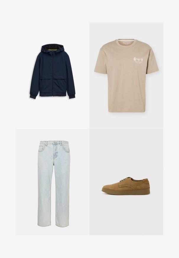 Veste à capuche bleu marine, dotée d'une fermeture éclair sur toute la longueur à l'avant, de deux poches avant, de bords côtelés aux poignets et d'une finition en tissu lisse et léger.; T-shirt beige à manches courtes avec col rond, présentant de petits motifs d'insectes et le logo "Marc O'Polo" sur la poitrine gauche.; Jean denim bleu clair droit avec poches avant, passants de ceinture et fermeture par bouton sur un fond uni.; Chaussure décontractée à lacets en daim marron avec semelle en caoutchouc plate, vue de côté sur un fond clair uni.