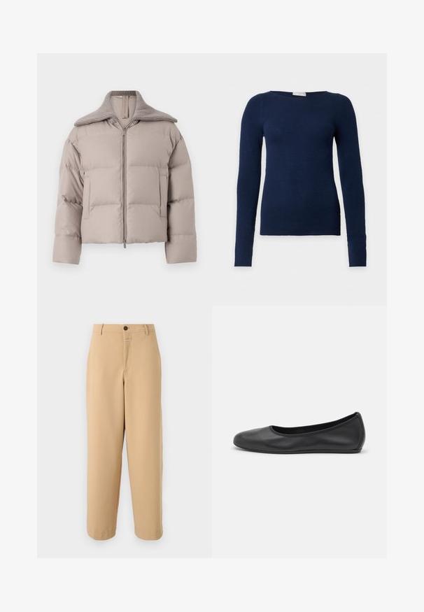Marella GIANO - Doudoune - tortora; Pull ajusté bleu marine à manches longues avec encolure ronde et texture en maille fine, présenté sur fond blanc uni.; CLOSED WRENNA - Pantalon classique - urban beige; Ballerines en cuir noir avec un bout rond, texture lisse, détails de couture minimalistes et design de semelle flexible.