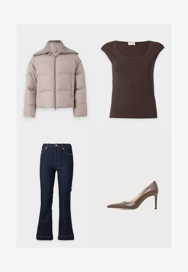 Marella GIANO - Doudoune - tortora; Top côtelé marron foncé à manches courtes et encolure arrondie avec une petite étiquette en tissu au niveau du col sur fond blanc.; Jean en denim bleu foncé avec une légère évasement, poches avant, fermeture par bouton et zip, et surpiqûres contrastantes.; Chaussure à talon haut en cuir marron à bout pointu avec un talon aiguille fin et une finition lisse sur un fond clair.