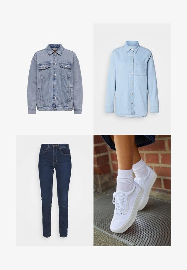 Lys blå denimjakke med knaplukning, to brystlommer og sidelommer. Klassisk krave og ribbede manchetter.; Lyseblå denimskjorte med knaplukning foran, spids krave, enkelt brystlomme og lange ærmer med knapmanchetter.; Mørkeblå denimjeans med slim fit, medium høj talje, forlommer og lynlåslukning. Stofoverfladen har en glat tekstur.; Hvide lærreds sneakers med gummisåler, der har seks snørehuller, rund tå og let sømdetaljer, krydret med hvide ankelstrømper.