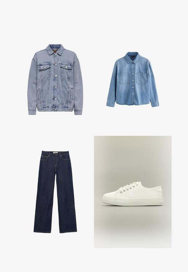 Lys blå denimjakke med knaplukning, to brystlommer og sidelommer. Klassisk krave og ribbede manchetter.; Lyseblå denim skjorte med lange ærmer, krave, forreste trykknapper og to brystlommer mod en hvid baggrund.; Mørkeblå denim jeans med brede, lige ben, forlommer og lukning med knap og lynlås.; Hvid lavtop sneaker med hvide snørebånd og gummisål vist fra siden på en neutral baggrund.