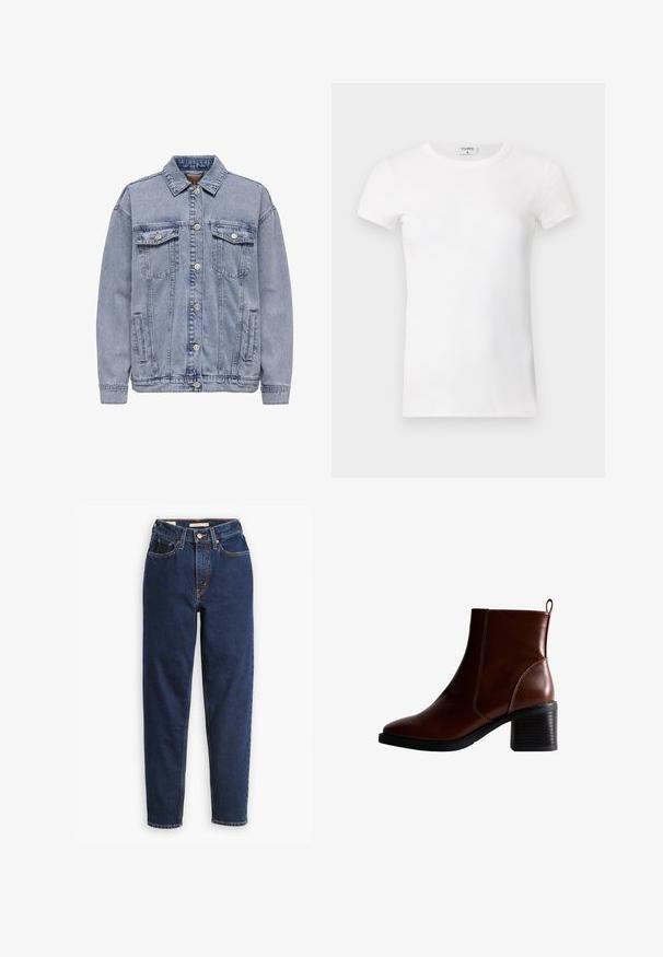 Helles blaues Jeansjacke mit Knopfleiste, zwei Brusttaschen und Seitentaschen. Klassischer Kragen und gerippte Bündchen.; Weißes geripptes T-Shirt mit kurzen Ärmeln und Rundhalsausschnitt. Der Stoff wirkt glatt und hat eine figurbetonte Silhouette. Markenlabel am Kragen sichtbar.; Dunkelblaue Jeans aus Denim mit hoher Taille, Fünf-Taschen-Design und geraden Beinen. Kontrastnähte und Knopfverschluss.; Braune Leder-Ankle-Boots mit quadratförmiger Spitze und seitlicher Naht, einem 7,5 cm hohen Blockabsatz und einem Ziehhilfen an der Rückseite für einfaches An- und Ausziehen.