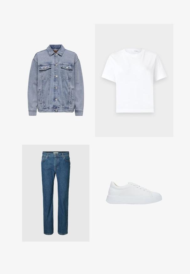 Lichtblauwe denimjasje met een knopenfront, twee borstzakken en zijzakken. Klassieke kraag en geribde manchetten.; Effen witte katoenen T-shirt met korte mouwen, ronde hals en rechte zoom, getoond op een witte achtergrond.; Blauwe straight-leg spijkerbroek met knoop- en ritssluiting aan de voorkant, riemlussen en voor- en achterzakken.; Witte leren sneakers met een ronde neus, platte veters en een dikke rubberen zool. Gladde textuur met minimale stikseldetails.
