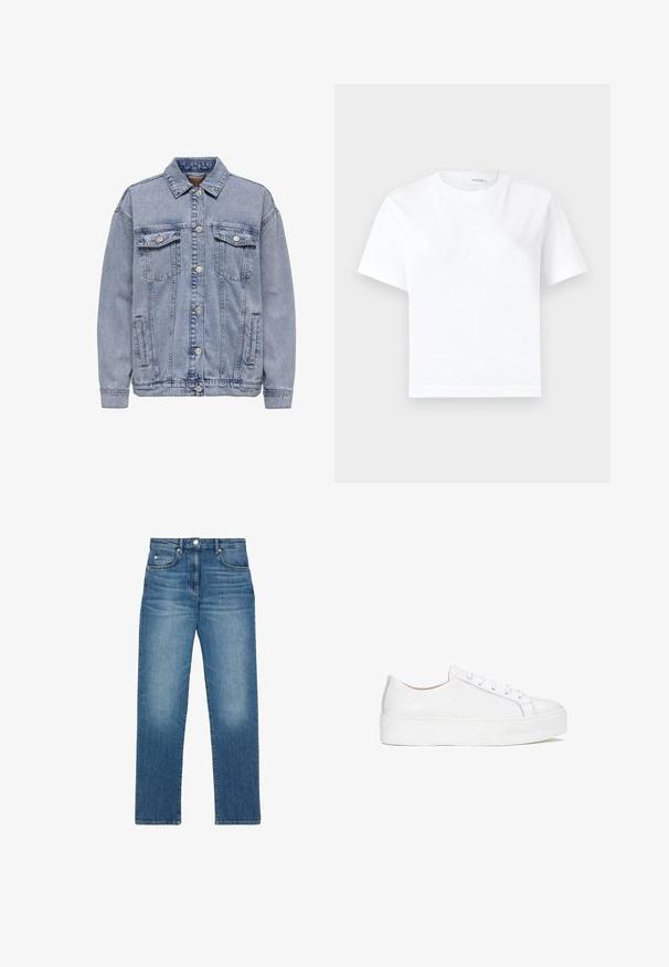 Helles blaues Jeansjacke mit Knopfleiste, zwei Brusttaschen und Seitentaschen. Klassischer Kragen und gerippte Bündchen.; Einfaches weißes kurzärmeliges Baumwoll-T-Shirt mit rundem Ausschnitt und geradem Saum, dargestellt auf weißem Hintergrund.; Blaue Jeans mit geradem Bein, Frontknopf und Reißverschluss, Fünf-Taschen-Stil und dezenten, verblassten Details an Oberschenkeln und Knien.; Weiße Leder-sneaker mit glatter Oberfläche, runder Zehenform und flacher Sohle. Verfügt über eine Schnürung und dezente Nähdetails.