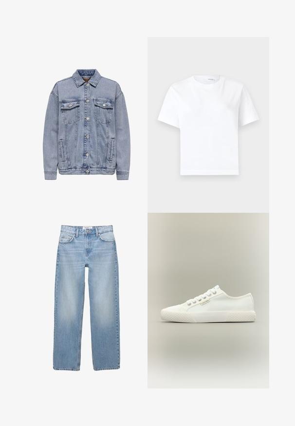 Lys blå denimjakke med knaplukning, to brystlommer og sidelommer. Klassisk krave og ribbede manchetter.; Hvid kortærmet bomuld t-shirt med rund halsudskæring og lige kant, vist på en hvid baggrund.; Lyseblå denimbukser med lige ben, fem-pockets stil og synlige syninger. Stofmaterialet har en blød, let falmet tekstur.; Hvid lavtopet lærreds-sneaker med tekstureret gummisål, hvide snørebånd og lille Calvin Klein-mærke på siden.