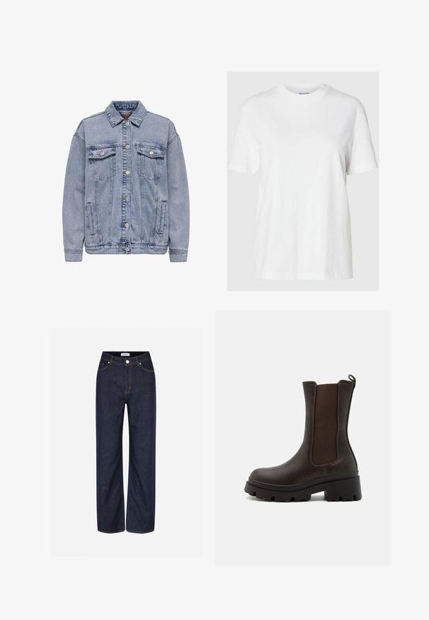 Lys blå denimjakke med knaplukning, to brystlommer og sidelommer. Klassisk krave og ribbede manchetter.; Hvid bomuld t-shirt med korte ærmer og rund halsudskæring. Har en afslappet pasform og et minimalistisk design uden mønstre eller accenter.; Mørkeblå vide jeans lavet af denim, med store lommer, kontrasterende orange stikninger og en knaplukning i taljen.; Brune læder ankelsko med elastiske sidepaneler, kraftige gummisåler og en trækstrop bagpå. Struktureret overflade. Solidt design.