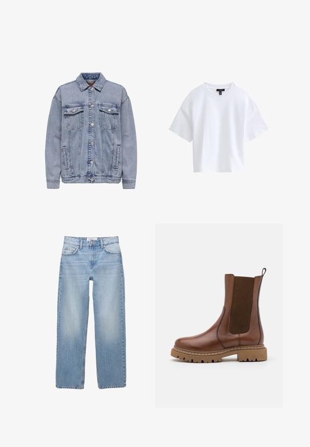 Helles blaues Jeansjacke mit Knopfleiste, zwei Brusttaschen und Seitentaschen. Klassischer Kragen und gerippte Bündchen.; Schlichtes weißes kurzärmeliges Cropped-T-Shirt mit rundem Ausschnitt und schwarzem Markenlabel innen im Kragen.; Helle blaue Jeans aus Denim mit geradem Bein, Fünf-Taschen-Stil und sichtbaren Nähdetails. Der Stoff hat eine weiche, leicht ausgewaschene Textur.; Braune Leder-Ankle-Boots mit elastischen Einsätzen und einem Ziehschlaufe. Sie verfügen über eine robuste Gummisohle und sichtbare Nahtdetails entlang der Kanten.