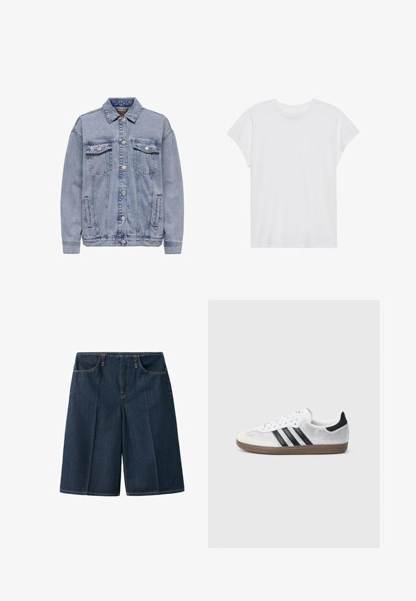 Lys blå denimjakke med knaplukning, to brystlommer og sidelommer. Klassisk krave og ribbede manchetter.; Hvid kortærmet t-shirt med rund hals, afslappet pasform, lavet af blødt bomuldsstof. Glat tekstur, ingen mønstre eller logoer.; Mørkeblå denim knælange shorts med forlommer, bæltestropper og synlige syninger på hvid baggrund.; Hvid mesh-sneaker med sorte striber, beige ruskind på tåhætte og hæl, tekstureret gummisål og hvide snørebånd. Klassisk lavtopsdesign.
