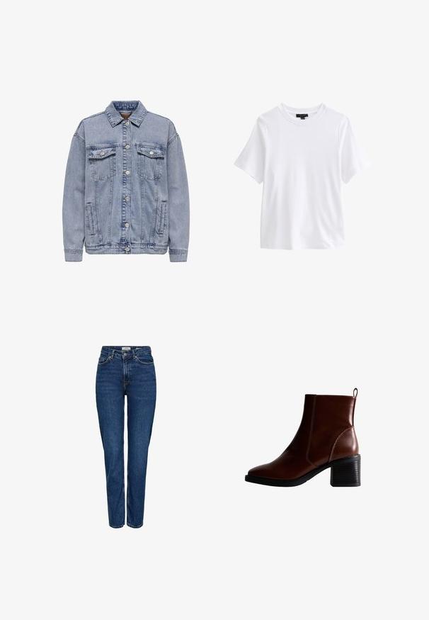 Lys blå denimjakke med knaplukning, to brystlommer og sidelommer. Klassisk krave og ribbede manchetter.; Hvid t-shirt med korte ærmer og rund halsudskæring med en sort tøjetiket inde i kraven på hvid baggrund.; Mørkeblå denimjeans med lige ben, høj talje, fem lommer, lyse syninger og en diskret struktureret finish.; Brun læder ankelstøvle med firkantet tå og sidesøm, en 7,5 cm stablet hæl og en trækflap bagpå for nem påtagning.