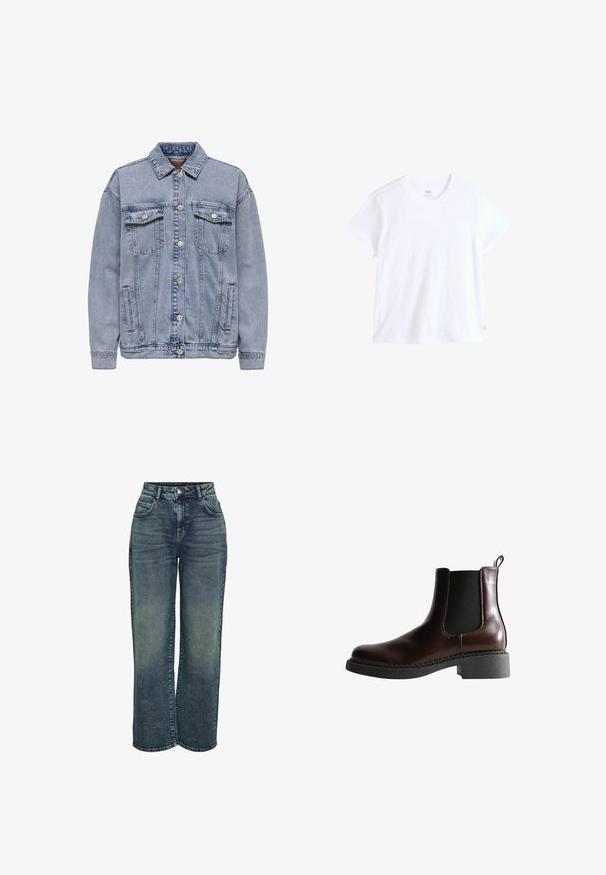Helles blaues Jeansjacke mit Knopfleiste, zwei Brusttaschen und Seitentaschen. Klassischer Kragen und gerippte Bündchen.; Weißes Baumwoll-T-Shirt mit kurzen Ärmeln, rundem Ausschnitt und geradem Saum. Mit kleinem rotem Logostreifen an der unteren linken Seite.; Noisy May Loose-fit NMJOSIE - Jeans Straight Leg - medium blue denim; Braune Leder-Boots mit elastischen Seitenteilen, runder Spitze und einer strukturierten schwarzen Gummisohle. Verfügt über kontrastierende Nähte und eine Ziehlasche.