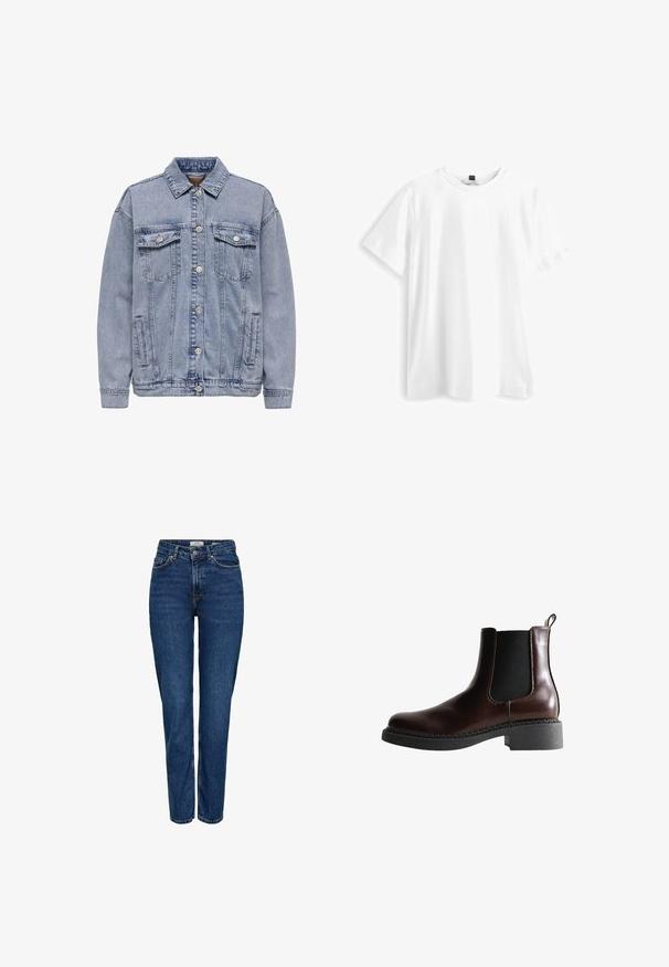 Lys blå denimjakke med knaplukning, to brystlommer og sidelommer. Klassisk krave og ribbede manchetter.; Hvid bomulds t-shirt med korte ærmer, rund hals og en let løs pasform. Enkelt design, ingen mønstre eller yderligere accenter.; Mørkeblå denimjeans med lige ben, høj talje, fem lommer, lyse syninger og en diskret struktureret finish.; Brune læder ankelstøvle med elastiske sidepaneler, rund tå og en struktureret sort gummisål. Har kontrasterende syninger og en trækflap.