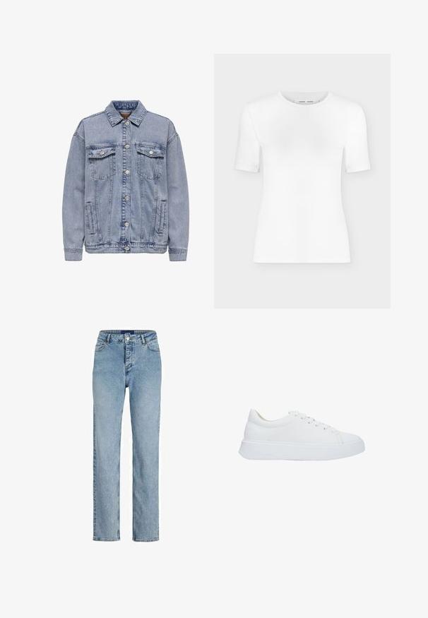 Helles blaues Jeansjacke mit Knopfleiste, zwei Brusttaschen und Seitentaschen. Klassischer Kragen und gerippte Bündchen.; Weißes T-Shirt mit kurzen Ärmeln und Rundhalsausschnitt, schlanker Passform und gerippter Stoffstruktur, dargestellt vor einem schlichten hellgrauen Hintergrund.; Helle blaue High-Waist-Jeans mit geradem Bein, hergestellt aus Denim-Stoff. Verfügt über fünf Taschen und subtile Stickdetails.; Weiße Leder-Sneaker mit runder Zehenpartie, flachen Schnürsenkeln und einer dicken Gummisohle. Glatte Oberfläche mit minimalen Nähdetails.