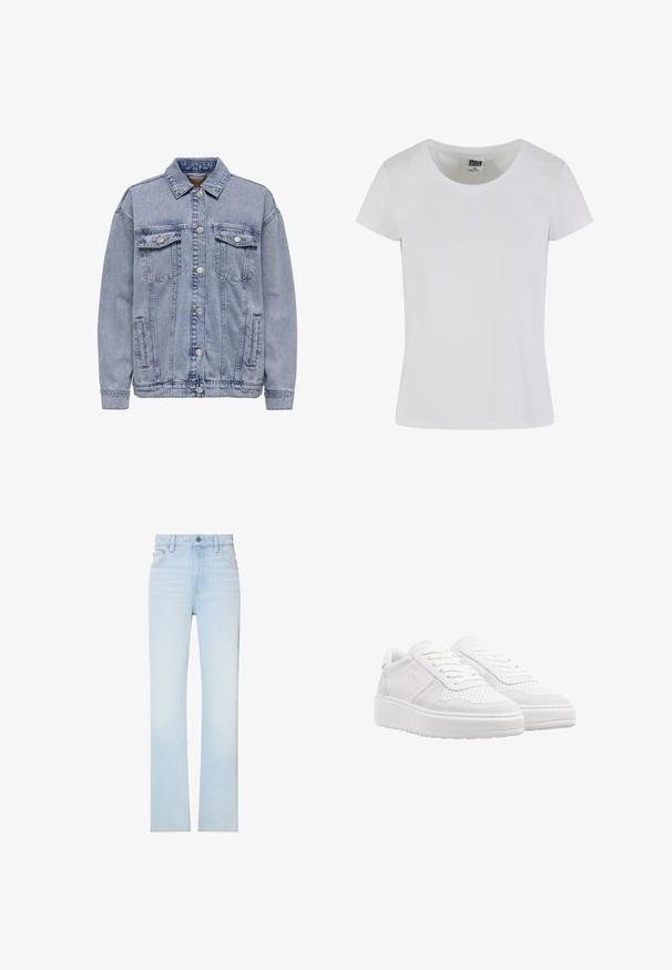 Lys blå denimjakke med knaplukning, to brystlommer og sidelommer. Klassisk krave og ribbede manchetter.; Hvid, kortærmet t-shirt lavet af bomuld. Har en rund halsudskæring og en tætsiddende form. Lappen læser "URBAN CLASSICS."; Lyseblå jeans med høj talje og lige ben, med forlommer, bæltestropper og knaplukning.; Hvide sneakers med en overdel i ruskind og perforeret læder, flade snørebånd, polstret krave og en tyk, struktureret gummisål.