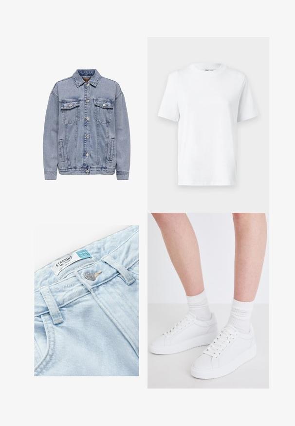 Lys blå denimjakke med knaplukning, to brystlommer og sidelommer. Klassisk krave og ribbede manchetter.; Hvid bomulds T-shirt med rund hals, kortærmet og en glat tekstur. Designet med en afslappet pasform for komfort og alsidighed.; Lyseblå denimbukser med mellem talje, der har en lige pasform, metal lukning og et vævet brandmærke.; Copenhagen Studios CPH72 - Sneakers - white
