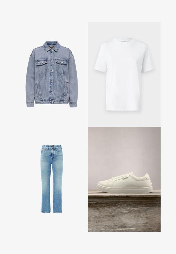 Lys blå denimjakke med knaplukning, to brystlommer og sidelommer. Klassisk krave og ribbede manchetter.; Hvid bomulds T-shirt med rund hals, kortærmet og en glat tekstur. Designet med en afslappet pasform for komfort og alsidighed.; Lysblå denimjeans med høj talje, lige ben og en let cropped længde. Har klassisk fem-lomme design og knaplukning.; Hvide lædersneakers med snørebånd svævende over en træbænk, grøn høj græs sløret i baggrunden udendørs.