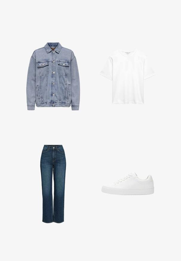 Lys blå denimjakke med knaplukning, to brystlommer og sidelommer. Klassisk krave og ribbede manchetter.; Simpel hvid kortærmet bomulds-T-shirt med rund hals, vist fladt mod hvid baggrund.; Mørkeblå højtaljede jeans med bred ben-design, lavet af denim, med forreste lommer og en knaplukning med lynlås.; Hvide snørresko med glat læderoverdel, rund tå og flad gummisål. Minimalistisk design med ensfarvet skema.