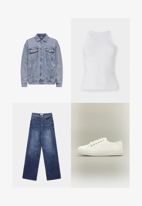 Lichtblauwe denimjasje met een knopenfront, twee borstzakken en zijzakken. Klassieke kraag en geribde manchetten.; Witte geribbelde tanktop met een fitted ontwerp, ronde halslijn en zonder mouwen. Gemaakt van rekbare stof voor comfort en bewegingsgemak.; Wijde spijkerbroek in donkerblauw, met een hoge taille, opvallende vervaging aan de voorkant en klassieke vijfzakkenstijl.; Witte lage sneaker met witte veters en rubberen zool, zijaanzicht op een neutrale achtergrond.