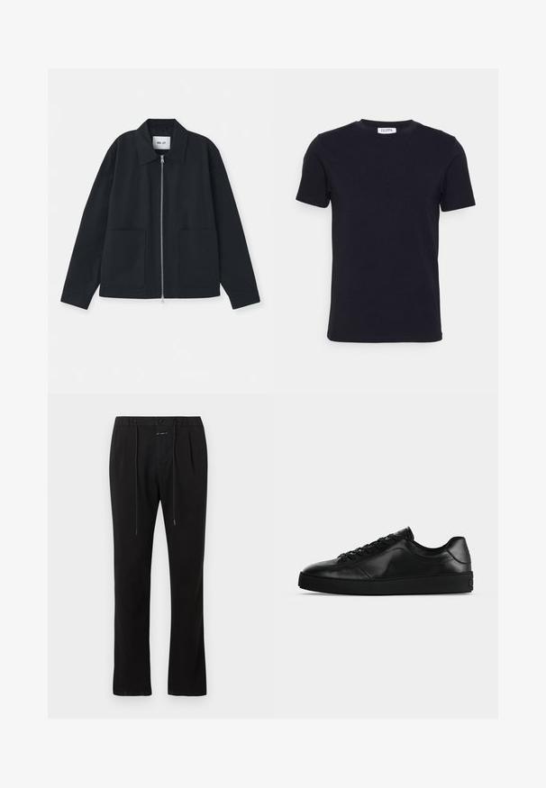 Veste noire en tissu lisse, avec une fermeture éclair à l'avant, de grandes poches et un design de col classique. Aucun motif ni accent visible.; T-shirt noir à manches courtes avec un col ras-du-cou, muni d'une petite étiquette blanche à l'intérieur du col.; Pantalon noir à jambes droites avec plis à l'avant, fermeture par bouton et zip, et cordon de serrage à la taille.; Sneaker noir en cuir à profil bas avec lacets sur le devant et semelle plate texturée, montré de profil sur un fond neutre.