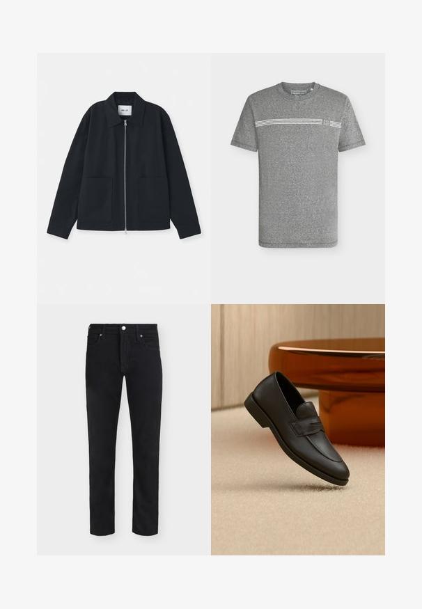 Black jacket made from smooth fabric, featuring a front zipper, large pockets, and a classic collar design. No patterns or accents visible.; Grey short-sleeve crew neck t-shirt with a horizontal white stripe and small "D" logo on the chest.; Black straight-leg jeans with front button and zipper closure, belt loops, and five-pocket styling on a plain background.; Black leather loafer with a low heel, stitched detailing, and a branded strap, placed on beige carpet near a rounded wooden table.