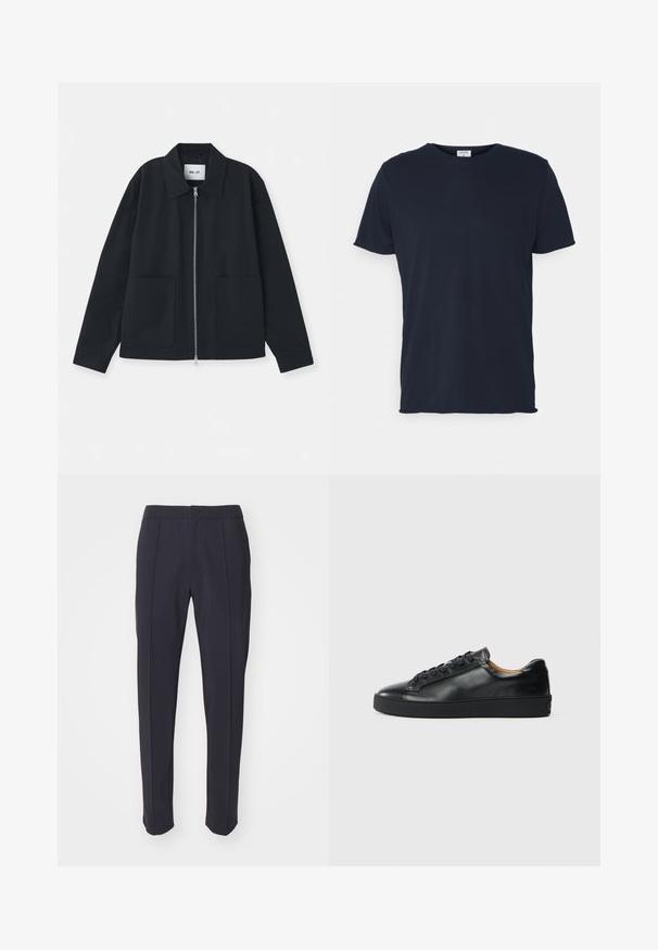Schwarze Jacke aus glattem Stoff, mit einem Frontreißverschluss, großen Taschen und einem klassischen Kragendesign. Keine Muster oder Akzente sichtbar.; Marineblaue Baumwoll-T-Shirt mit Rundhalsausschnitt und kurzen Ärmeln, mit einer glatten Oberfläche und einfachem Design, ohne sichtbare Muster oder Akzente.; Hosen in Marineblau mit maßgeschneidertem Design, flachem Frontbereich und zwei vorderen Falten. Hergestellt aus glattem Stoff mit normalem Bund und Knopfverschluss.; Schwarze Leder-Sneaker mit glatter Textur, runder Zehenpartie und Schnürverschluss. Verfügt über eine dicke Gummisohle und minimalistische Marken-Details.