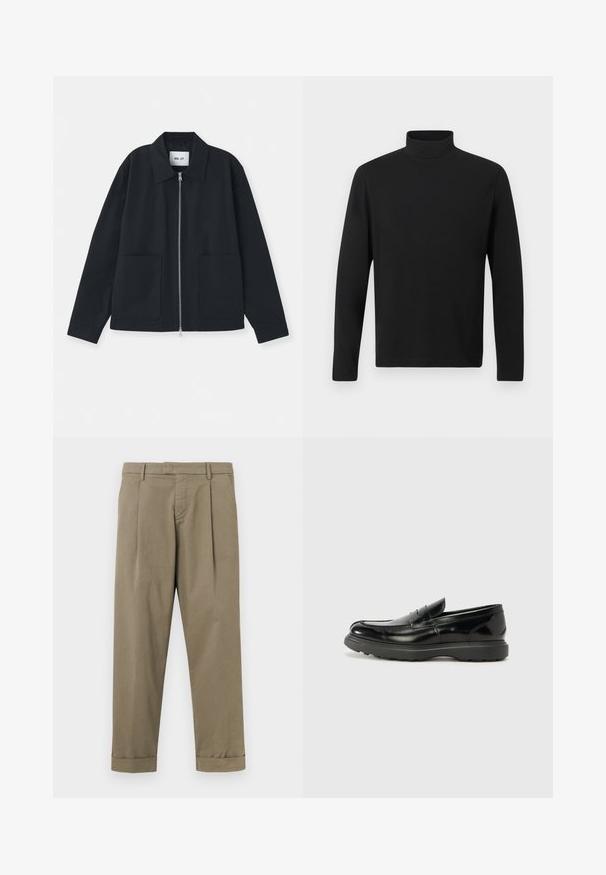 Schwarze Jacke aus glattem Stoff, mit einem Frontreißverschluss, großen Taschen und einem klassischen Kragendesign. Keine Muster oder Akzente sichtbar.; Schwarzes Rollkragenhemd aus glattem Stoff. Hat lange Ärmel und einen hohen Kragen. Einfaches Design ohne zusätzliche Muster oder Akzente.; Khakifarbene Hose mit Falten, aus glattem Baumwollmischgewebe, mit geradem Schnitt und umgeschlagenen Säumen am Beinabschluss.; Schwarze Lederloafer mit glanzendem Finish, abgerundetem Zehenbereich, subtilen Steppnähten und einer dicken Gummisohle für Langlebigkeit.