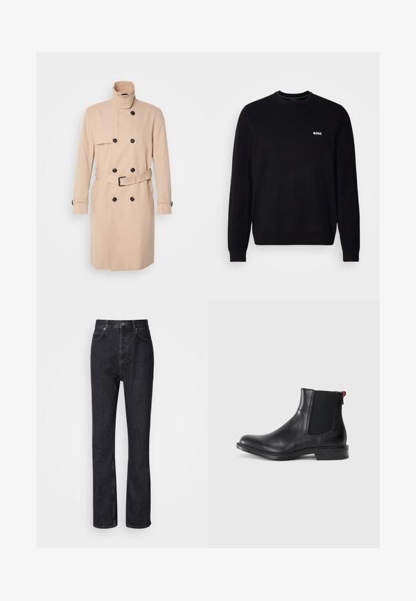 Beige trenchcoat med høj krave, dobbeltkrøs design, sorte knapper og bælte i taljen. Glat stof med lange ærmer.; Sort langærmet crewneck trøje med lille hvid "BOSS" logo på venstre bryst, ribbede manchetter og bund, præsenteret mod en hvid baggrund.; Høj talje sorte denim jeans med knap- og lynlåsåbning, for- og baglommer samt lige ben.; Sort læder Chelsea-støvle med elastiske sidepaneler, afrundet tå og lav, stablet hæl. Har en rød løftestrop og subtil branding på siden.