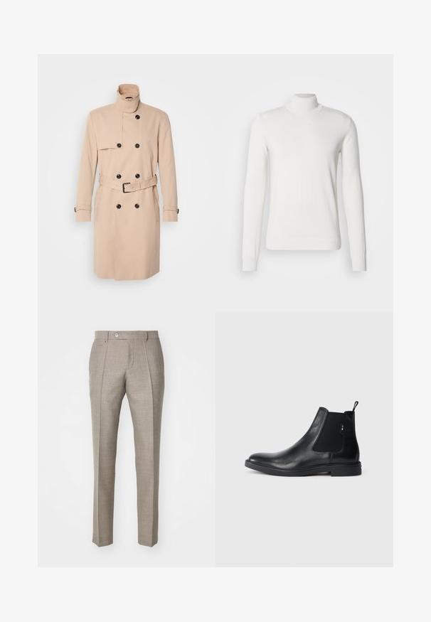 Beige trenchcoat met hoge kraag, dubbele knoopsluiting, zwarte knopen en een ceintuur in de taille. Glad materiaal met lange mouwen.; Witte coltrui gemaakt van ribgebreide stof. Heeft lange mouwen, een aansluitend ontwerp en een gladde textuur.; Beige maatwerk broeken met een gestructureerde afwerking, voorzien van een knoopsluiting en twee zijzakken. Gestructureerd ontwerp met een rechte pijp.; Zwarte leren Chelsea-boots met elastische zijpanelen, een treklipje en een vlakke rubberen zool. Gladde textuur met minimale details.