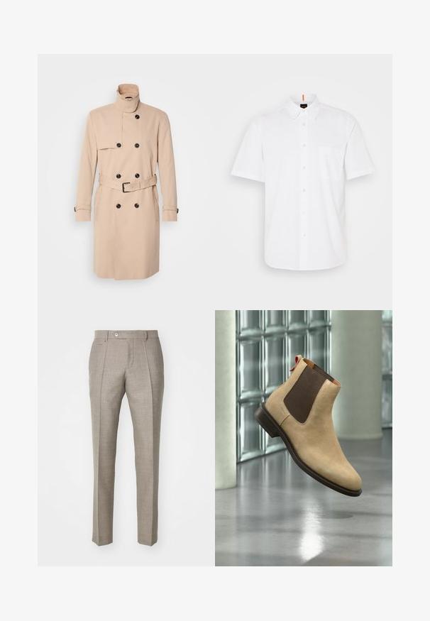 Beige trenchcoat med høj krave, dobbeltkrøs design, sorte knapper og bælte i taljen. Glat stof med lange ærmer.; Hvid kortærmet skjorte med knapper lavet af bomuld, med en enkelt brystlomme, klassisk krave og subtile syningsdetaljer.; Beige skræddersyede bukser med en tekstureret overflade, der har en knaplukning og to sidelommer. Struktureret design med et lige ben-silhuet.; Beige ruskind Chelsea-støvle med mørkebrun elastisk sidepanel og trække-flap, vist svævende over reflekterende poleret gulv indendørs.
