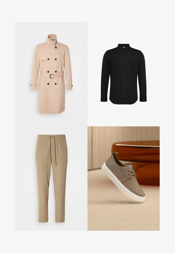 Beige trenchcoat met hoge kraag, dubbele knoopsluiting, zwarte knopen en een ceintuur in de taille. Glad materiaal met lange mouwen.; Zwart lang shirt met lange mouwen van gladde stof, met een spitse kraag, knoopsluiting aan de voorkant en een klein logo op de borst.; Beige joggerbroeken met een elastische tailleband en trekkoord. Ze hebben een taps toelopend ontwerp en boorden aan de onderkant, gemaakt van lichtgewicht stof.; Taupekleurige suède vetertrainer met witte zool zwevend boven een beige tapijt, naast een glanzend bruinig afgerond meubelstuk.
