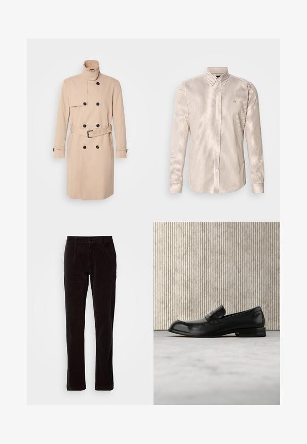 Beige trenchcoat met hoge kraag, dubbele knoopsluiting, zwarte knopen en een ceintuur in de taille. Glad materiaal met lange mouwen.; Gestreept overhemd met knoopjes in beige en lichtbruin. Lange mouwen, klassieke kraag, knopen aan de voorkant en een klein logo op de borst. Gemaakt van katoen.; Donkerbruine ribcord rechte broek met voorzakken, riemlussen, knoopsluiting en een ritssluiting tegen een eenvoudige lichte achtergrond.; Zwarte leren loafer met metalen accent, zwevend weergegeven boven een beige tapijt, met een ronde, amberkleurige tafel op de achtergrond.