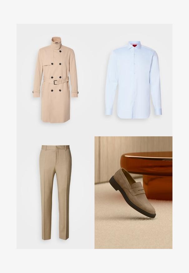 Beige trenchcoat med høj krave, dobbeltkrøs design, sorte knapper og bælte i taljen. Glat stof med lange ærmer.; Lyseblå langærmet skjorte med knapper, spredt krave, rund kant og hvide knapper. Glat stof med en subtil glans.; Beige skræddersyede bukser i tekstureret stof med flad front og lige ben. Har sidelommer og bæltestropper, der giver et poleret udtryk.; Beige ruskindslommeklipper med sort sål, svævende over lyst tæppebelagt gulv, ved siden af et skinnende brunt ovalt sofabord i et moderne rum.
