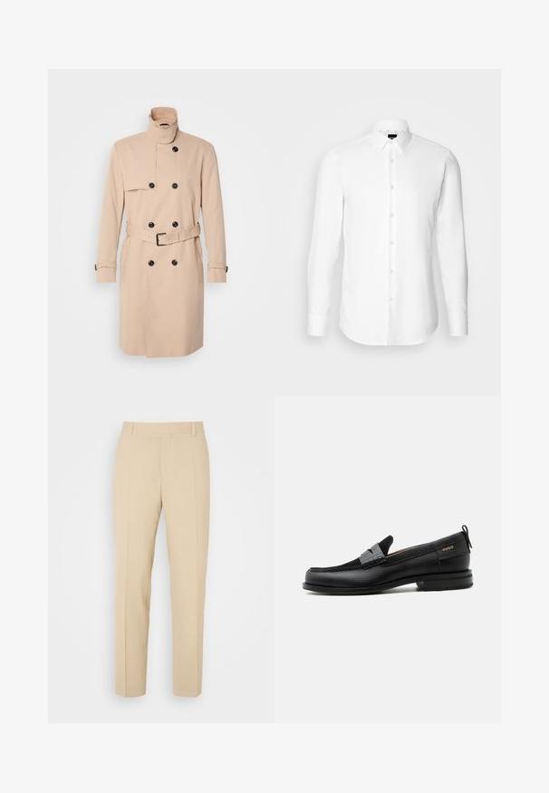 Gabardina beige con cuello alto, diseño de doble botonadura, botones negros y cinturón en la cintura. Tela suave con mangas largas.; Camisa blanca de manga larga, con cierre de botones en el frente, cuello clásico, confeccionada con una tela suave con una textura sutil, diseñada para un ajuste entallado.; Pantalones de color beige ajustados con un diseño de pierna recta, elaborados en una tela ligera, que presentan dos bolsillos frontales y pliegues bien planchados.; Mocasín de cuero negro con detalle de tira gris, tacón bajo y suela texturizada, con la marca "HUGO" en oro en el lateral.