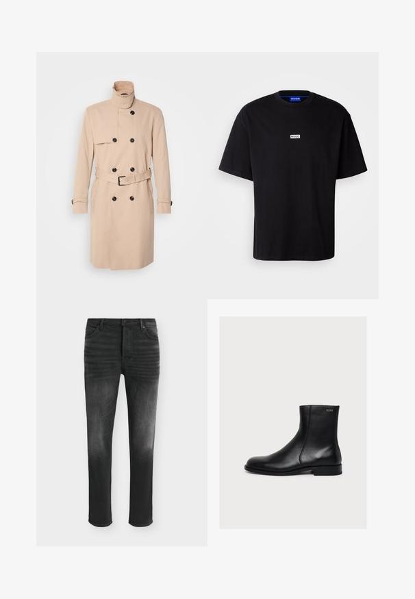 Beige trenchcoat met hoge kraag, dubbele knoopsluiting, zwarte knopen en een ceintuur in de taille. Glad materiaal met lange mouwen.; Zwarte katoenen t-shirt met een ronde hals, korte mouwen en een witte rechthoekige "HUGO" logo op de borst. Gladde textuur, relaxte pasvorm.; Zwarte skinny-fit jeans met vervaagde details, vijfzakkenstijl en knoopsluiting in de taille.; Zwarte gladde lederen enkellaars met lage hak en zijrits, gelabeld Hugo vlak bij de bovenrand.