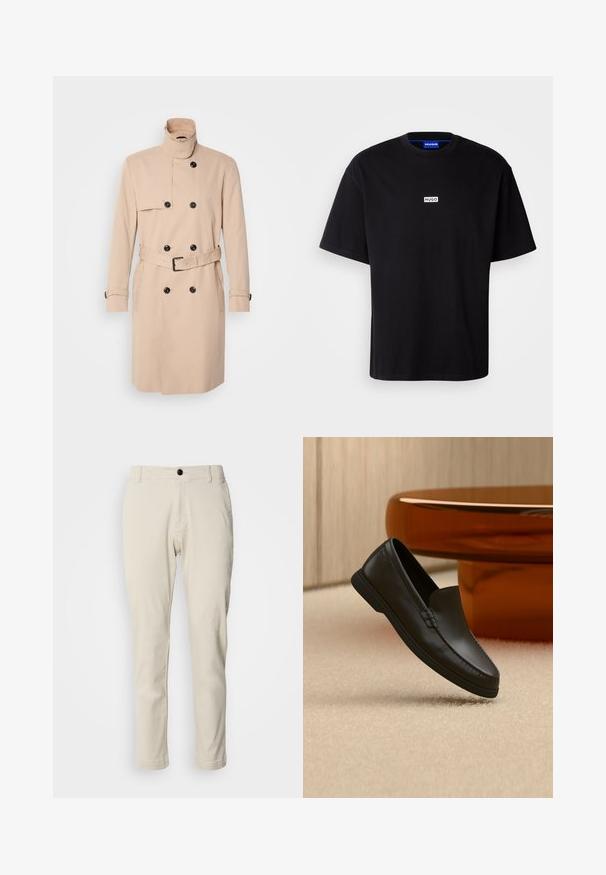 Beige trenchcoat med høj krave, dobbeltkrøs design, sorte knapper og bælte i taljen. Glat stof med lange ærmer.; Sort bomulds t-shirt med rund hals, korte ærmer og et hvidt rektangulært "HUGO" logo på brystet. Glat overflade, afslappet pasform.; Beige chinos med lige ben, lavet af blødt bomuldsstof, med lynlås og en enkelt sort knaplukning.; Sort læder slip-on loafer vist på beige tæppe ved siden af et buet borde af ravfarvet glas i et rum med neutrale toner.