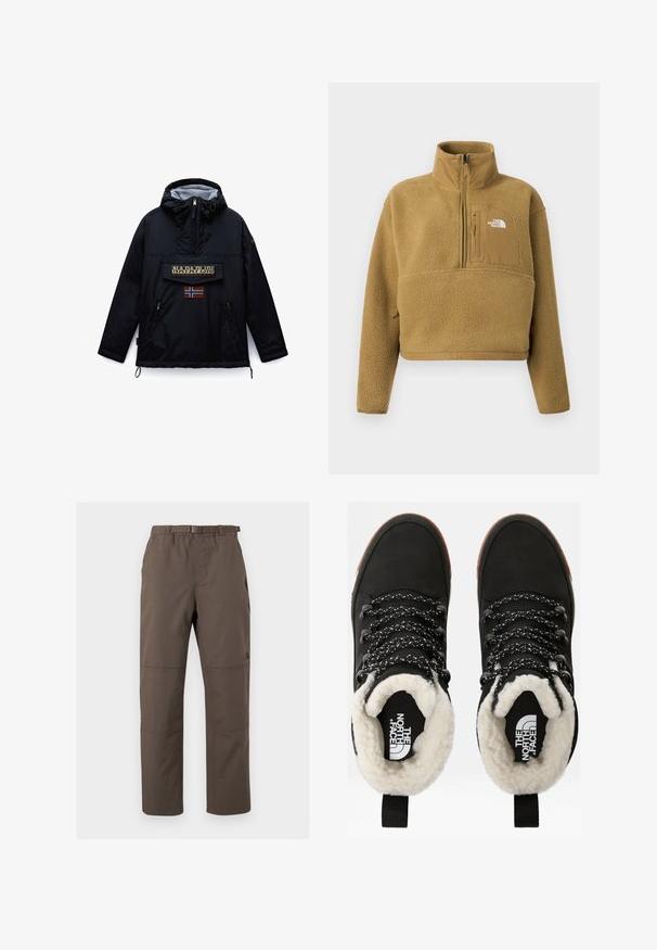 Sort hættejakke fra Napapijri med lynlås foran, en stor lommeklap med mærket navn og et norsk flag mærke nedenunder.; Tan fleece pullover med halv lynlås i kraven, frontlomme og elastisk kant; har en blød, struktureret overflade og en hvid logoaccent.; Brune udendørs bukser med elastisk talje og justerbart bælte. Har panelsting og et lige ben-design. Holdbart stof.; Sorte vandtætte ankelstøvler med for af faux pels, tekstureret stof, snørebånd med hvidt og sort mønster samt en løkker ved hælen.